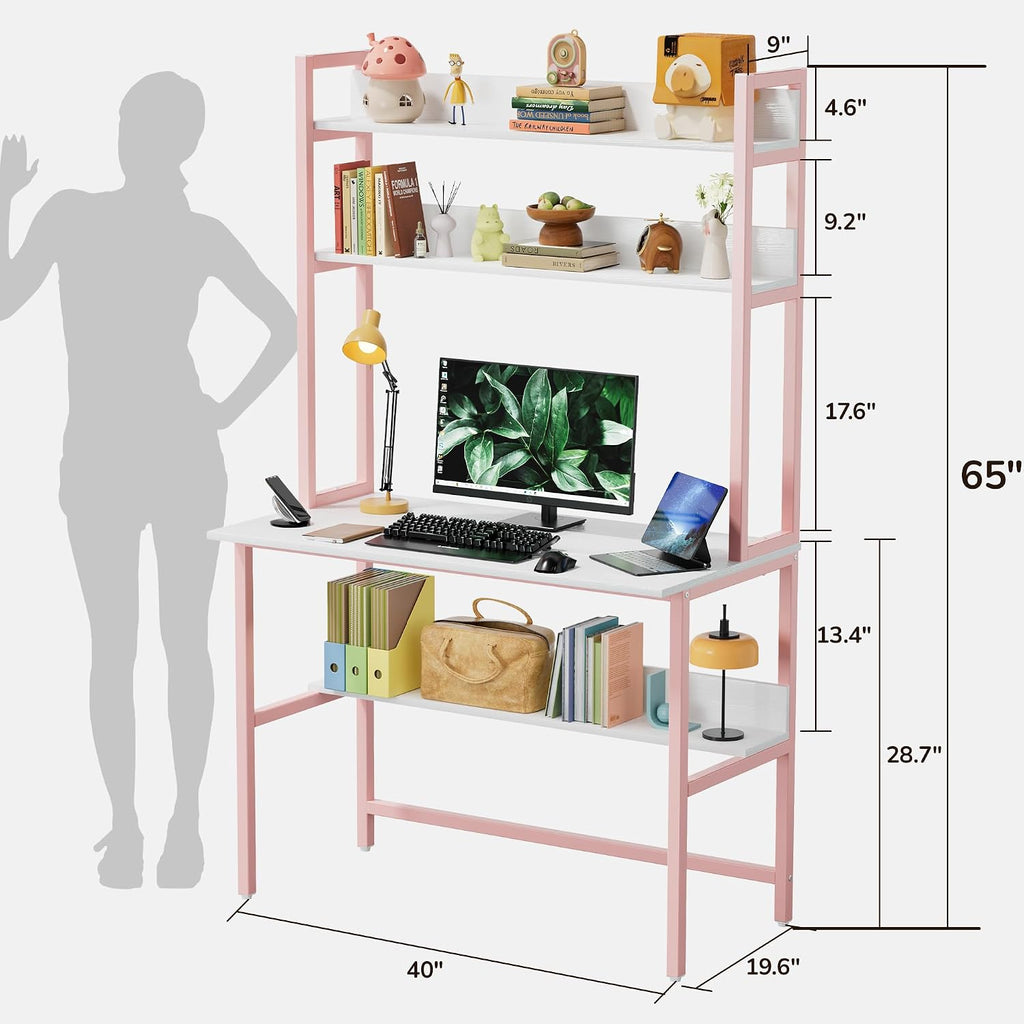 Aquzee Girls Desk with Hutch, 40'W x 19.6' D Computer Desk with Shelves, Tall Home Office Desk with Bookshelf, Metal Legs Study Table with Upper Storage Shelf for Study Writing/Workstation, Pink