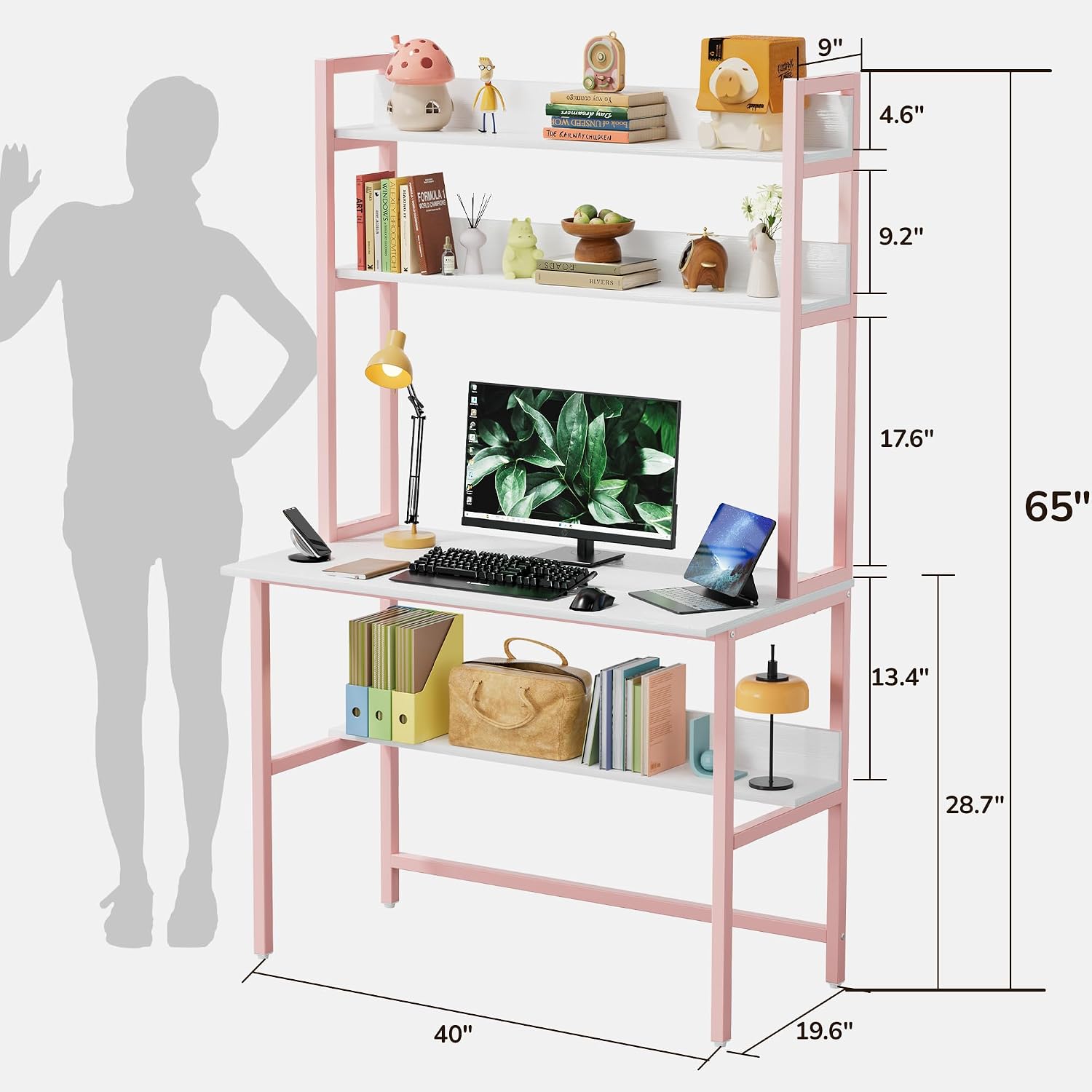 Aquzee Girls Desk with Hutch, 40'W x 19.6' D Computer Desk with Shelves, Tall Home Office Desk with Bookshelf, Metal Legs Study Table with Upper Storage Shelf for Study Writing/Workstation, Pink