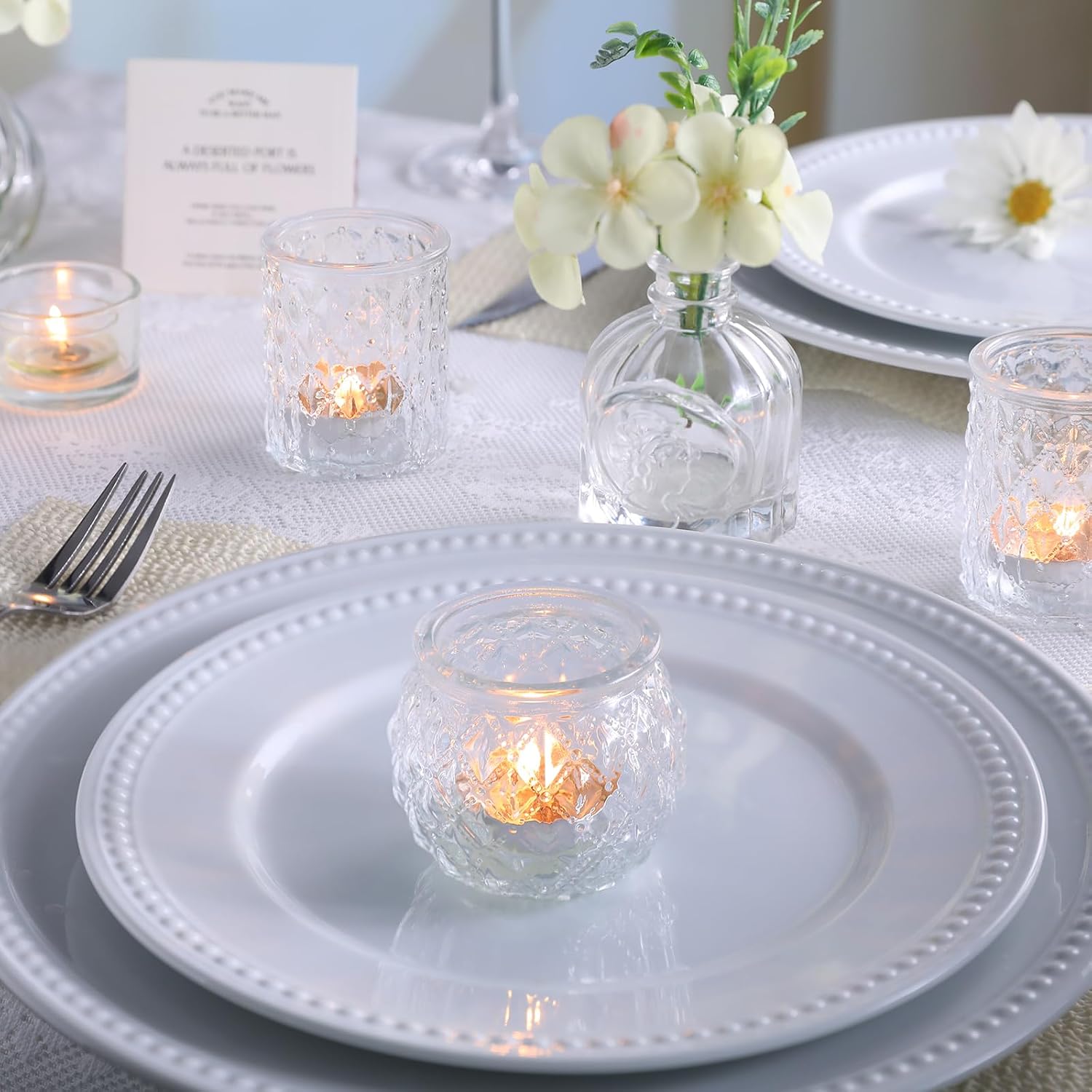 DARJEN Clear Votive Candle Holders Set of 36- Round Glass Candle Holders Bulk for Tea Light Candle, Embossed Candle Votives for Wedding Centerpiece, Various Parties & Home Decor (Pack of 4)