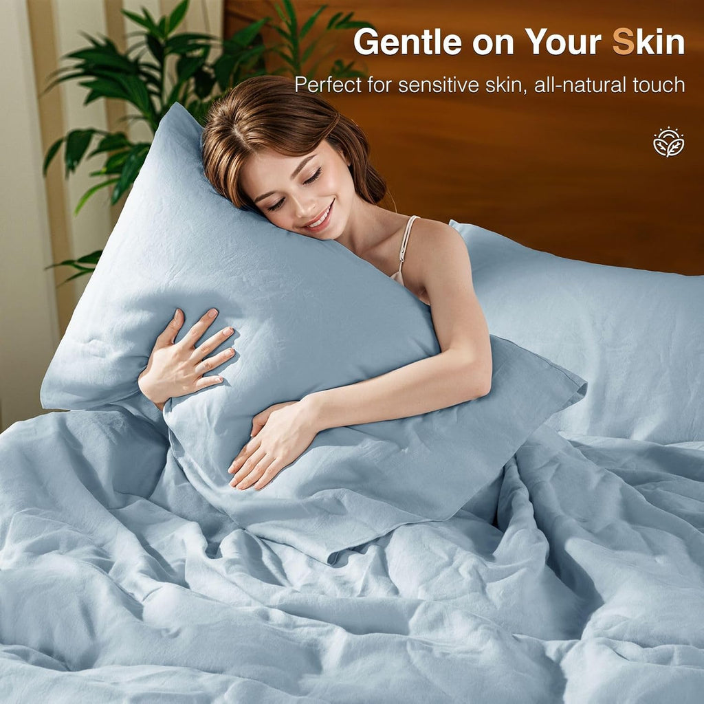 SONORO KATE 100% French Linen Duvet Cover Queen Size, Soft Breathable for Hot Sleepers, Moisture Wicking & Durable Cover Set - Zipper Closure & 4 Corner Ties Duvet Covers 3 Piece (Dusty Blue,Queen)
