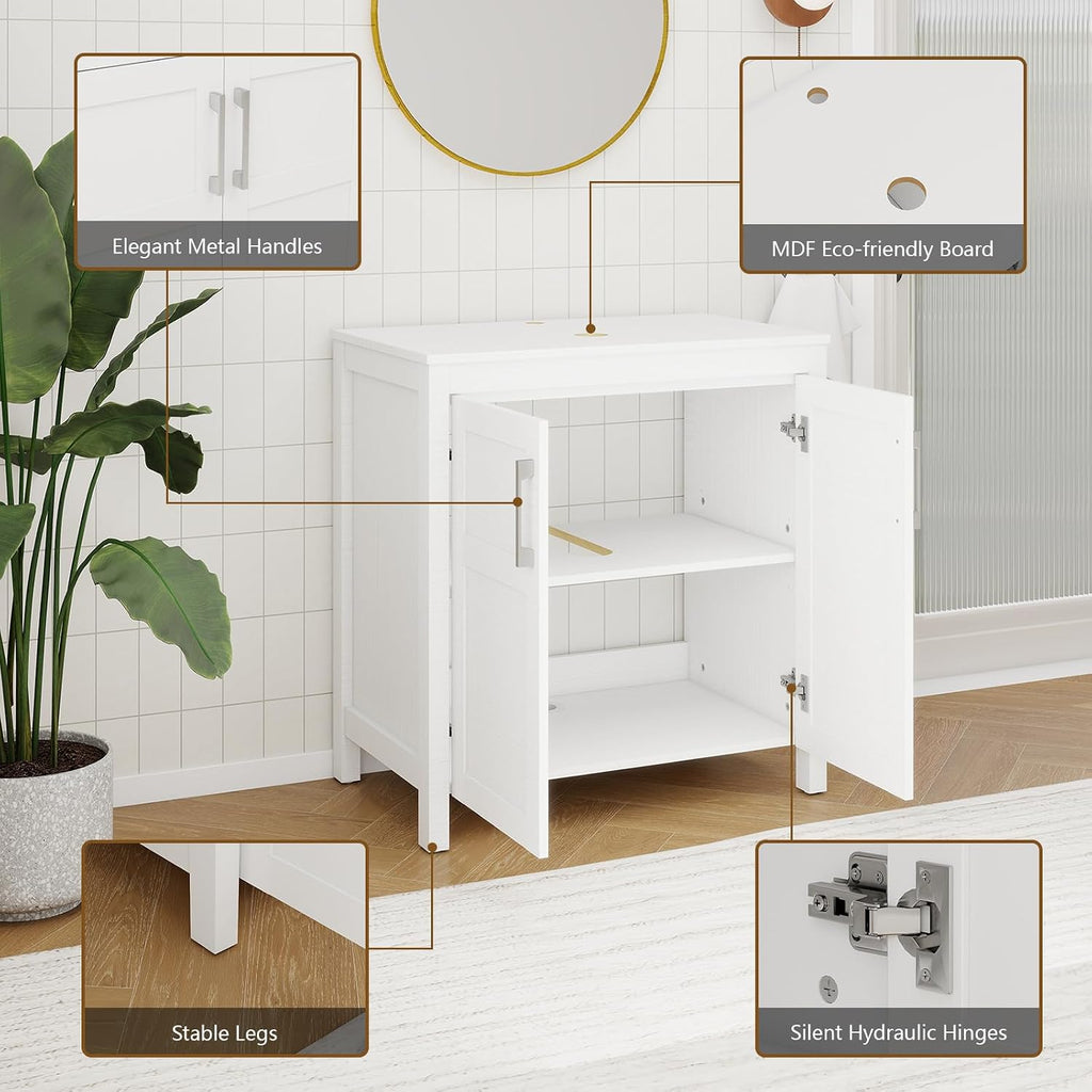 YOURLITE 30 Inches Traditional Bathroom Vanity Set with Single Faucet Hole, Clear Boat Glass Sink, White Finish, 2-Door Cabinet