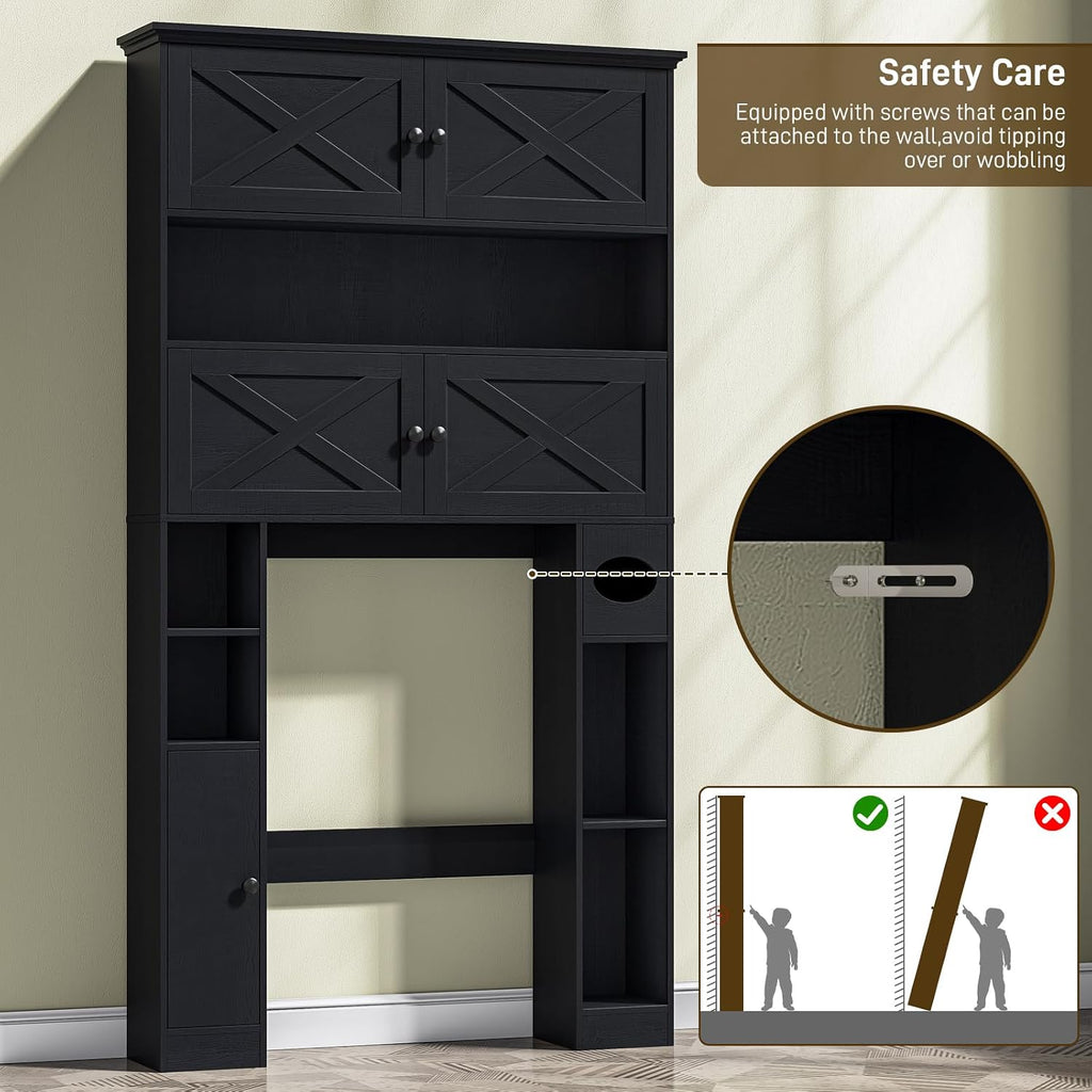 Over The Toilet Storage Cabinet, Farmhouse Storage Over Toilet with 4 Barn Doors & Adjustable Shelf, Space Saving Bathroom Organizer with Toilet Paper Holder Stand for Bathroom, Laundry, Rustic Black