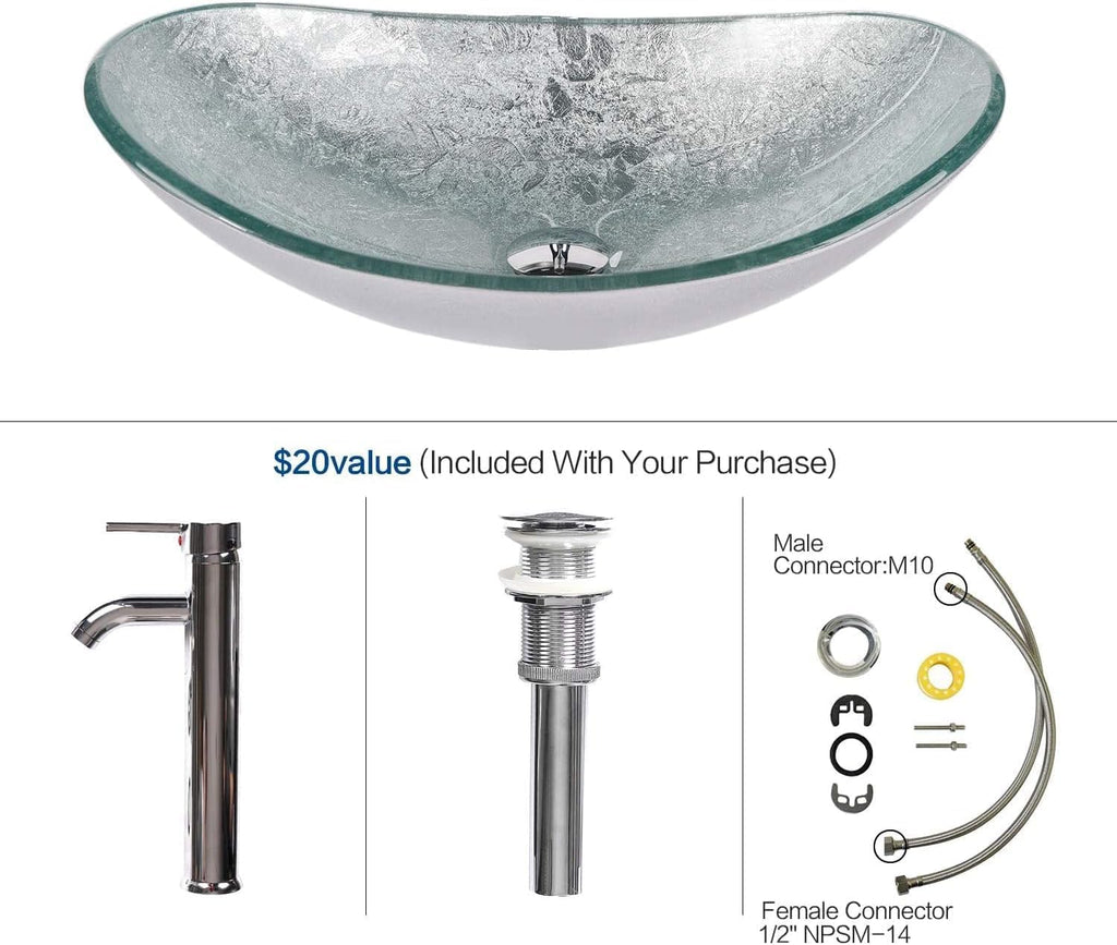 YOURLITE 24' Bathroom Vanity with Sink, White Bathroom Vanity and Sink Combo with Faucet & Pop Up Drain Set,Traditional Vanity with Blue Glass Boat Bathroom Sink