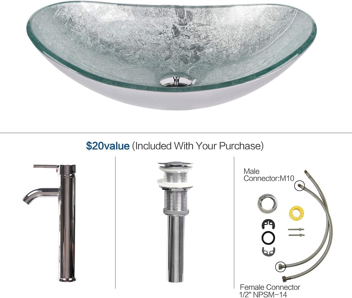 YOURLITE 24' Bathroom Vanity with Sink, White Bathroom Vanity and Sink Combo with Faucet & Pop Up Drain Set,Traditional Vanity with Blue Glass Boat Bathroom Sink