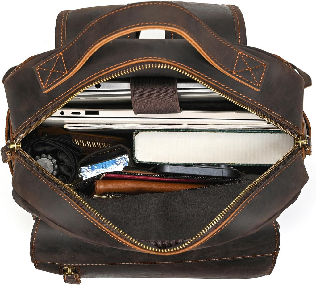 Vintage Full Grain Leather Backpack for Men, 16' Laptop Rucksack For Men Hiking Trave Work Business Bag, 1829 Dark Brown