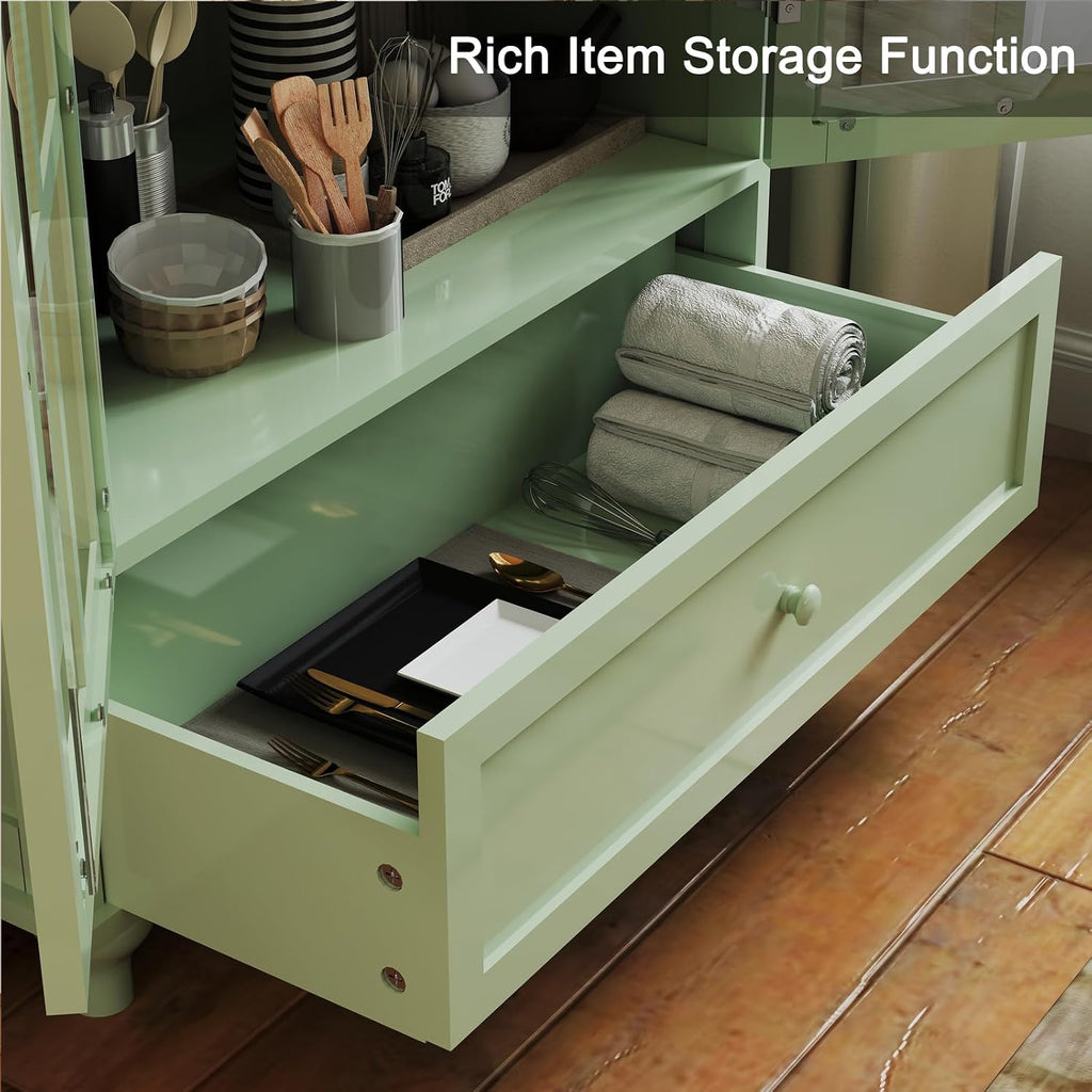 QMIT Display Cabinet with Glass Doors,Buffet Cabinet with Doors and Shelves,Small Green Wooden Storage Sideboard Cupboard for Living Room, Dining Room Hallway Entryway