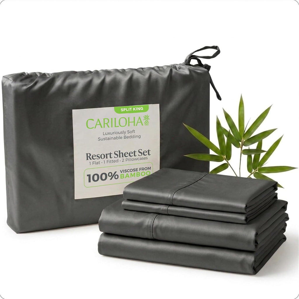 Cariloha Resort 100% Organic Bamboo Viscose Sheets - 5-Piece Split King Sheet Set - 18 in Extra Deep Pockets - Sateen Weave, Cooling, Hypoallergenic Luxury Sheets - Oeko-TEX Standard 100 - Onyx