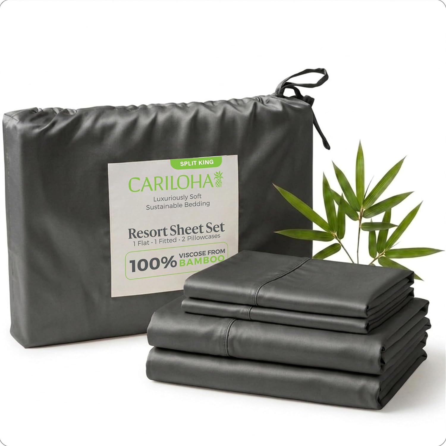 Cariloha Resort 100% Organic Bamboo Viscose Sheets - 5-Piece Split King Sheet Set - 18 in Extra Deep Pockets - Sateen Weave, Cooling, Hypoallergenic Luxury Sheets - Oeko-TEX Standard 100 - Onyx