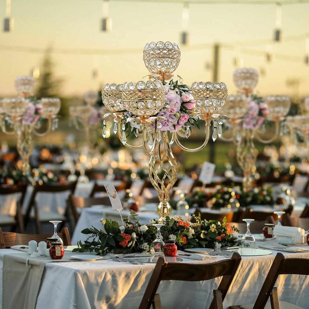 Elegant 5-Head Candelabra Centerpiece with Crystal Pendants - 23 Inch Tall Table Centerpiece for Weddings, Parties, Home Decor for Mother's Day, Holidays & Special Occasions (4, Gold)