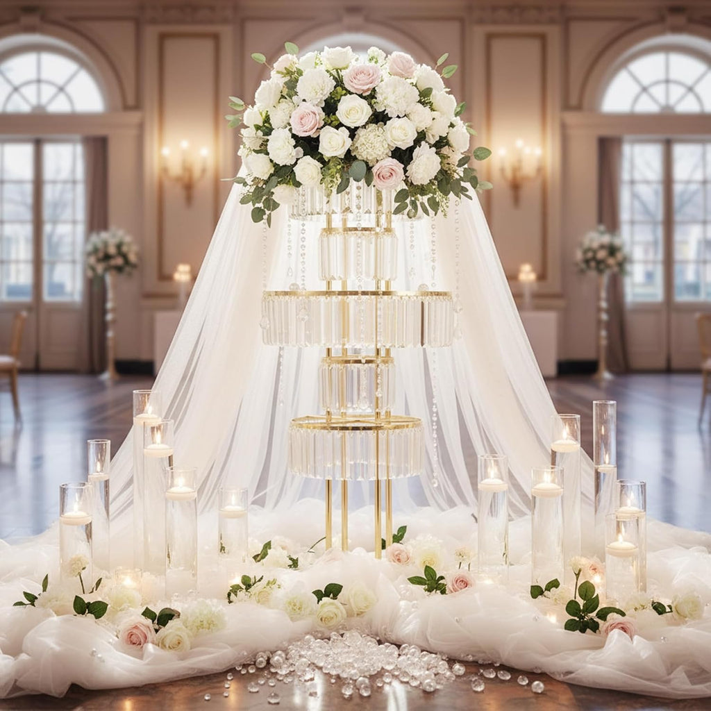 5-Tier Crystal Gold Vase for Centerpiece - Large Wedding Decor Flower Stand, Metal Chandelier Stand with K9 Crystal Pendants, Elegant Flower Display Rack for Party Event Home Wedding Decor (Gold)