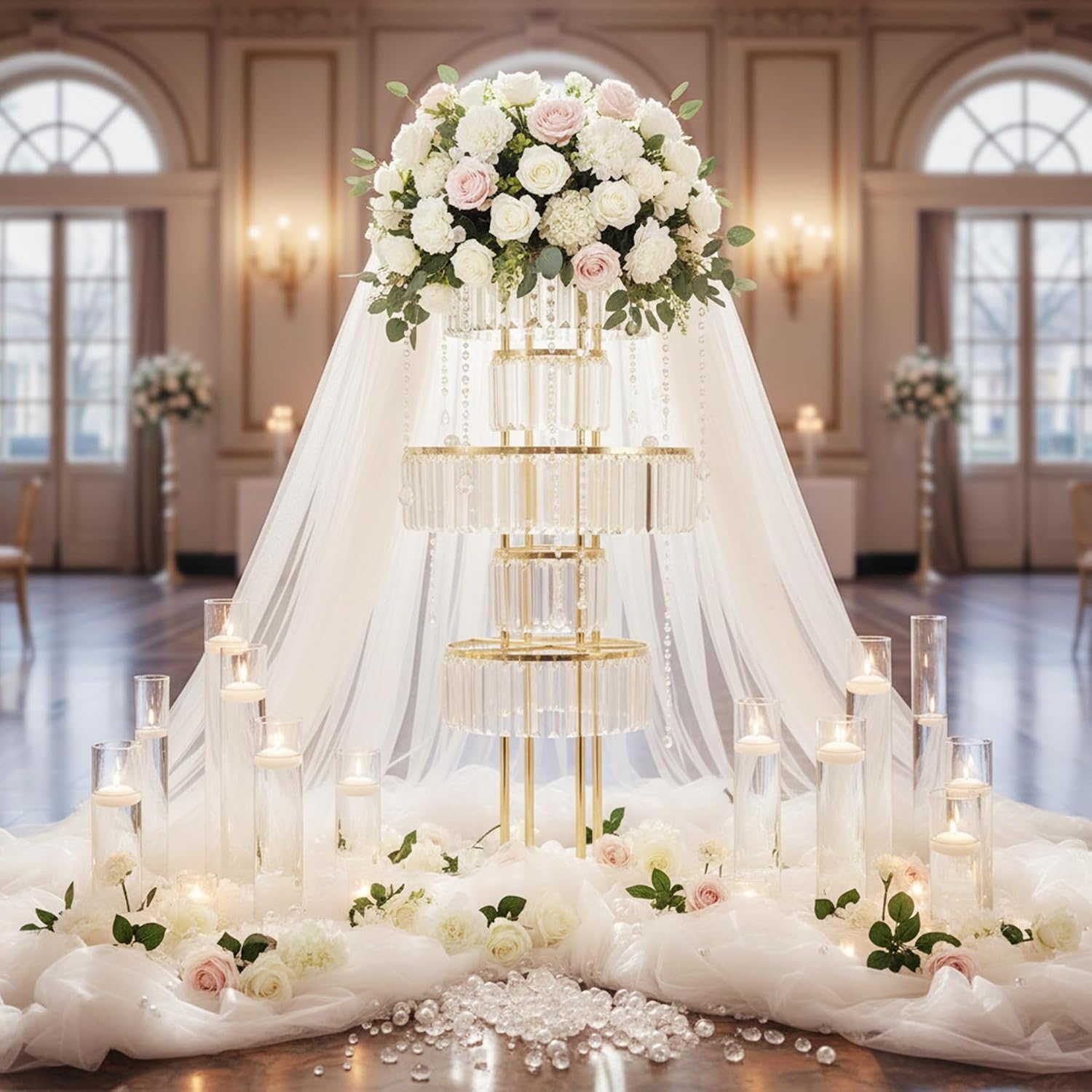 5-Tier Crystal Gold Vase for Centerpiece - Large Wedding Decor Flower Stand, Metal Chandelier Stand with K9 Crystal Pendants, Elegant Flower Display Rack for Party Event Home Wedding Decor (Gold)
