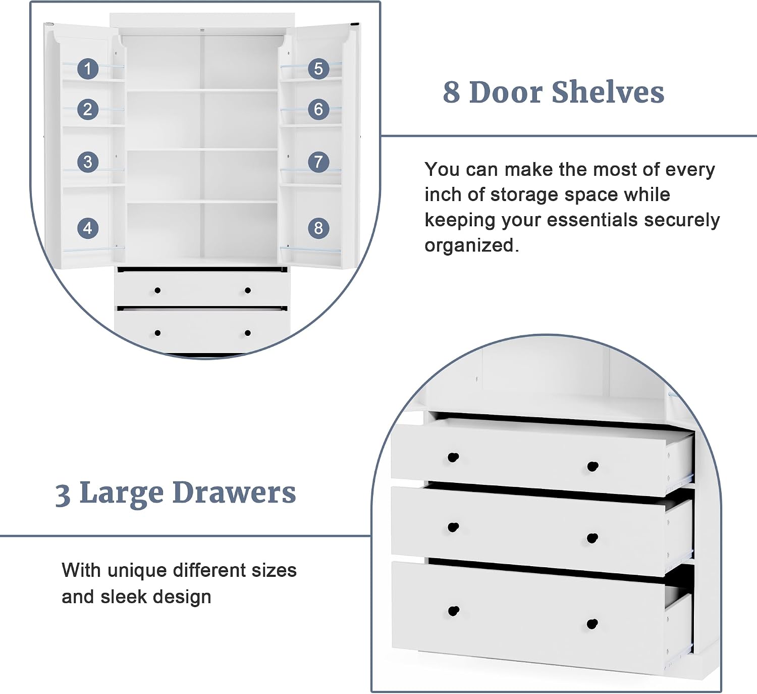 77inch Farmhouse Kitchen Pantry, Wood Storage Cabinet with 3 Adjustable Shelves, Freestanding Tall Cupboard Storage Cabinet with 8 Door Shelves and 3 Drawers for Kitchen, Dining Room (White-1)
