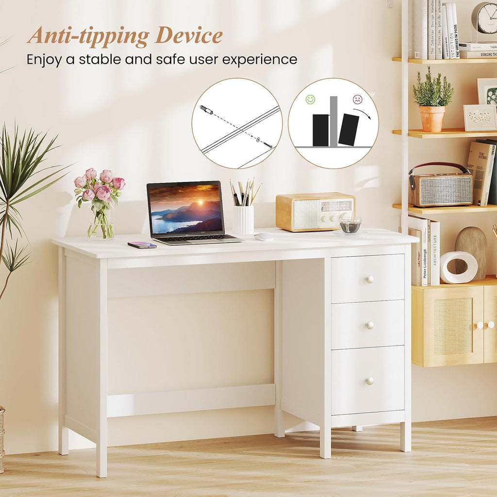 Giantex White Desk with Drawers, 48 Inch Home Office Desk with Anti-Toppling Device, Multifunctional Computer Workstation, Wood Study Writing Desk for Small Spaces, Bedroom
