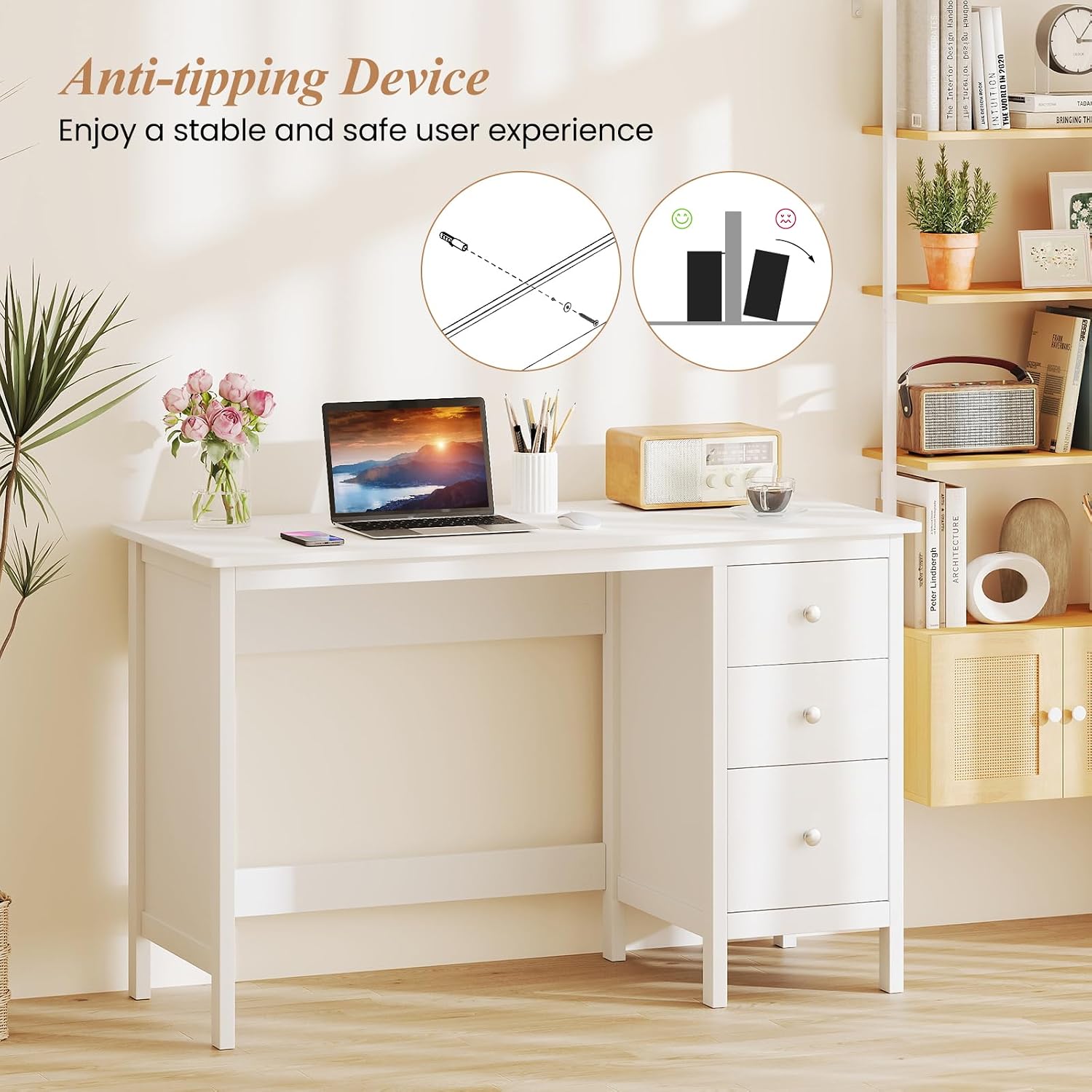 Giantex White Desk with Drawers, 48 Inch Home Office Desk with Anti-Toppling Device, Multifunctional Computer Workstation, Wood Study Writing Desk for Small Spaces, Bedroom