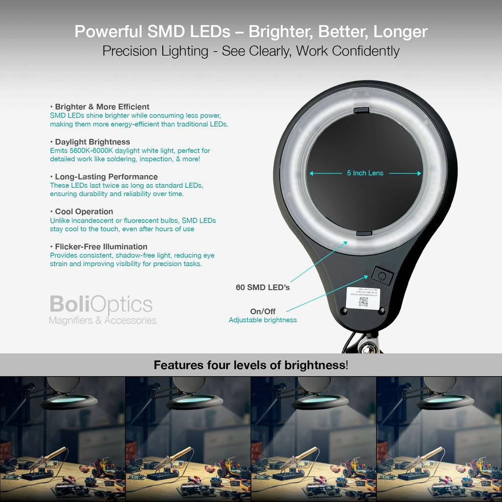 ESD Safe (Glass Lens) Professional LED Magnifying Lamp with Clamp (8 Diopter, 3X) Work Light, 4 Brightness Levels, Daylight Bright, 1200 Lumens, 5600K-6000K, Matte Black, BoliOptics MG16303322