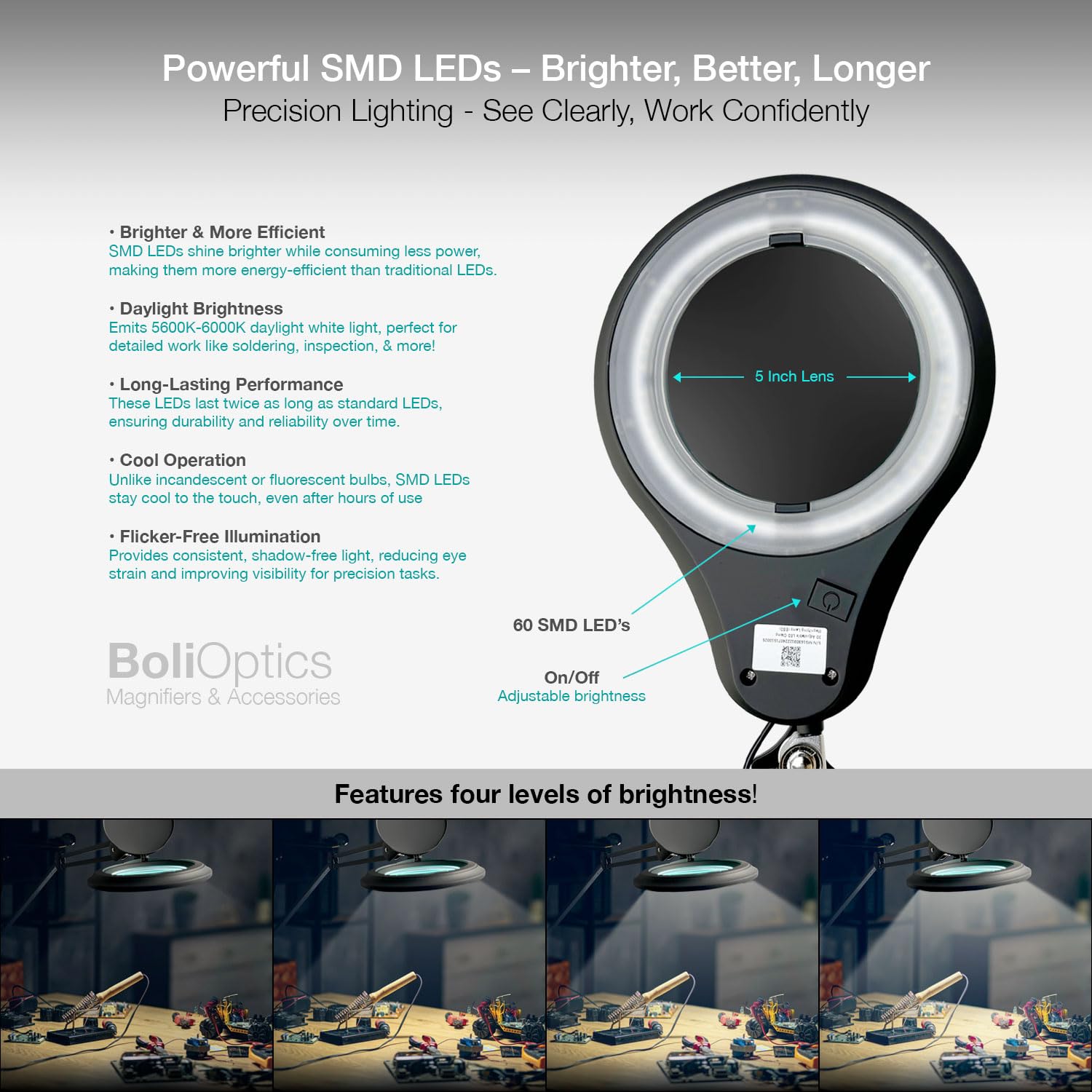 ESD Safe (Glass Lens) Professional LED Magnifying Lamp with Clamp (8 Diopter, 3X) Work Light, 4 Brightness Levels, Daylight Bright, 1200 Lumens, 5600K-6000K, Matte Black, BoliOptics MG16303322