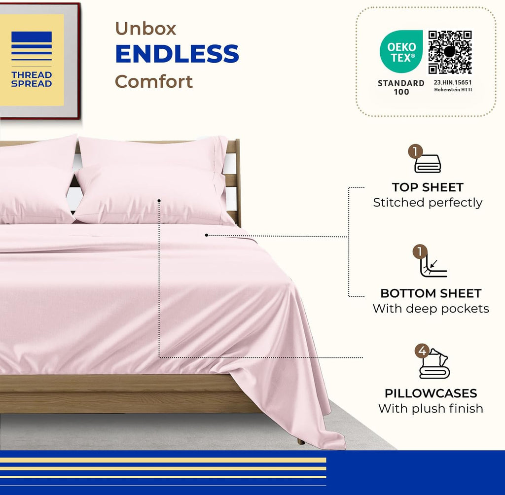 THREAD SPREAD Queen Sheet Set, Luxury 1000 Series Paradise Collection 100% Egyptian Cotton Bed Sheets Queen Size (6 PC, Blush), Silky Soft, Cooling, Sateen Weave, 16' Deep Pocket Hotel Sheet Set