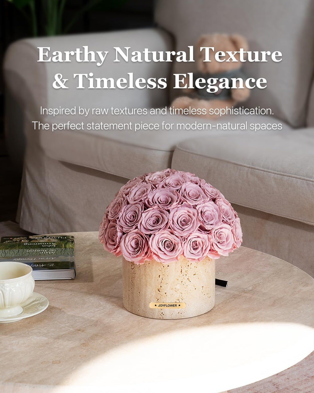 JoyFlower Preserved Flowers Vase, Yellow Travertine Vase with Forever Flowers Decor for Table Centerpieces, Pink Eternal Flower Vase Decorations for Party Home Living Room Bedroom House Coffee Shop