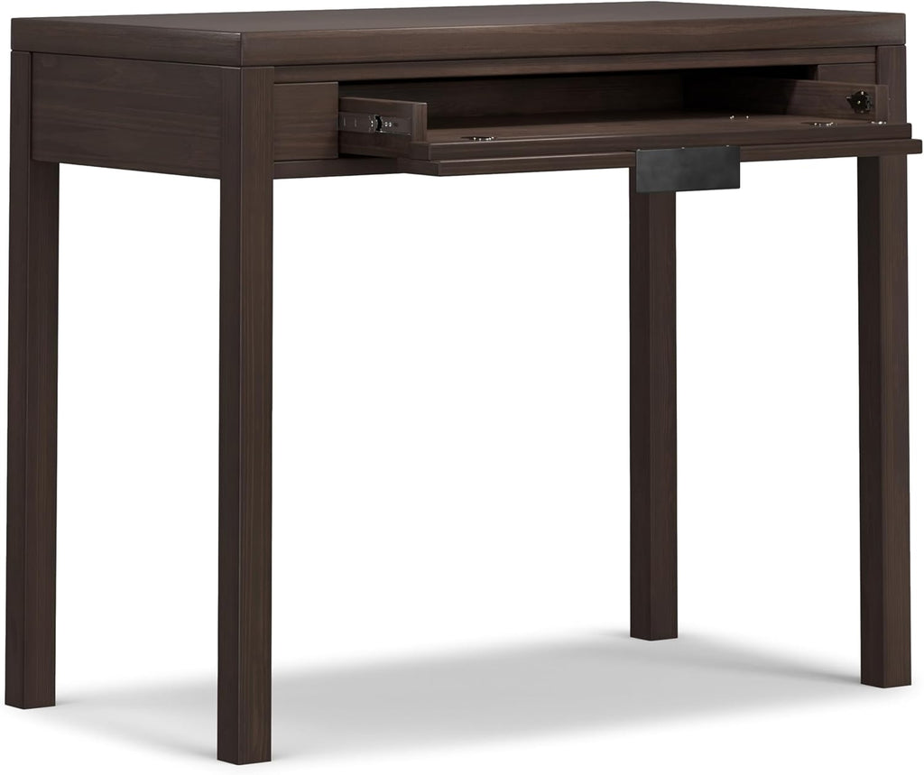 SIMPLIHOME Hollander Small Desk - 38 Inch Wide Solid Wood Writing Desk in Warm Walnut Brown, Contemporary Home Office Computer Table for Study or Compact Space with Flip-Down Keyboard Tray