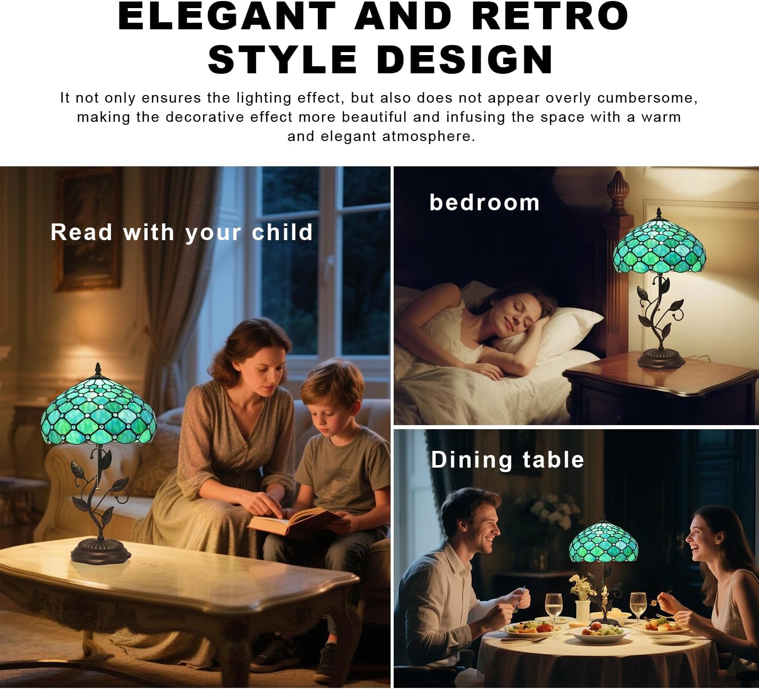 Tiffany Stained Glass Table Lamp, Sea Blue Pearl Style with Metal Leaf Base, 12x12x19 Inch Decor Lamp for Bedroom, Living Room, Home, Office