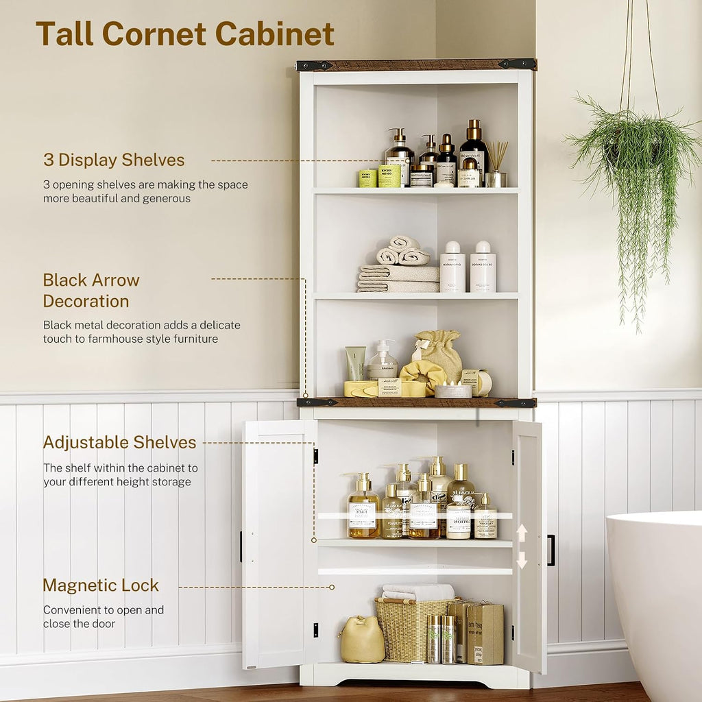 TEENFON Farmhouse Corner Cabinet, 70' H Tall Corner Hutch with 5 Shelves & 2 Barn Doors, Bathroom Cabinet with Adjustable Shelf, for Living Room, Kitchen, Bathroom, White