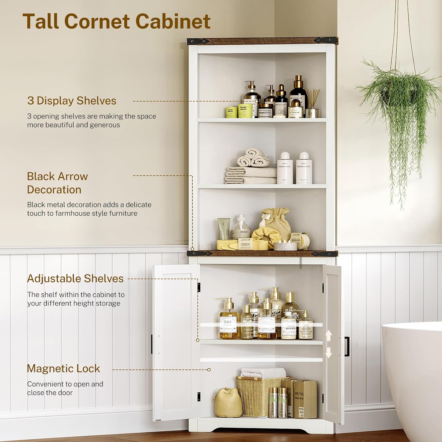TEENFON Farmhouse Corner Cabinet, 70' H Tall Corner Hutch with 5 Shelves & 2 Barn Doors, Bathroom Cabinet with Adjustable Shelf, for Living Room, Kitchen, Bathroom, White