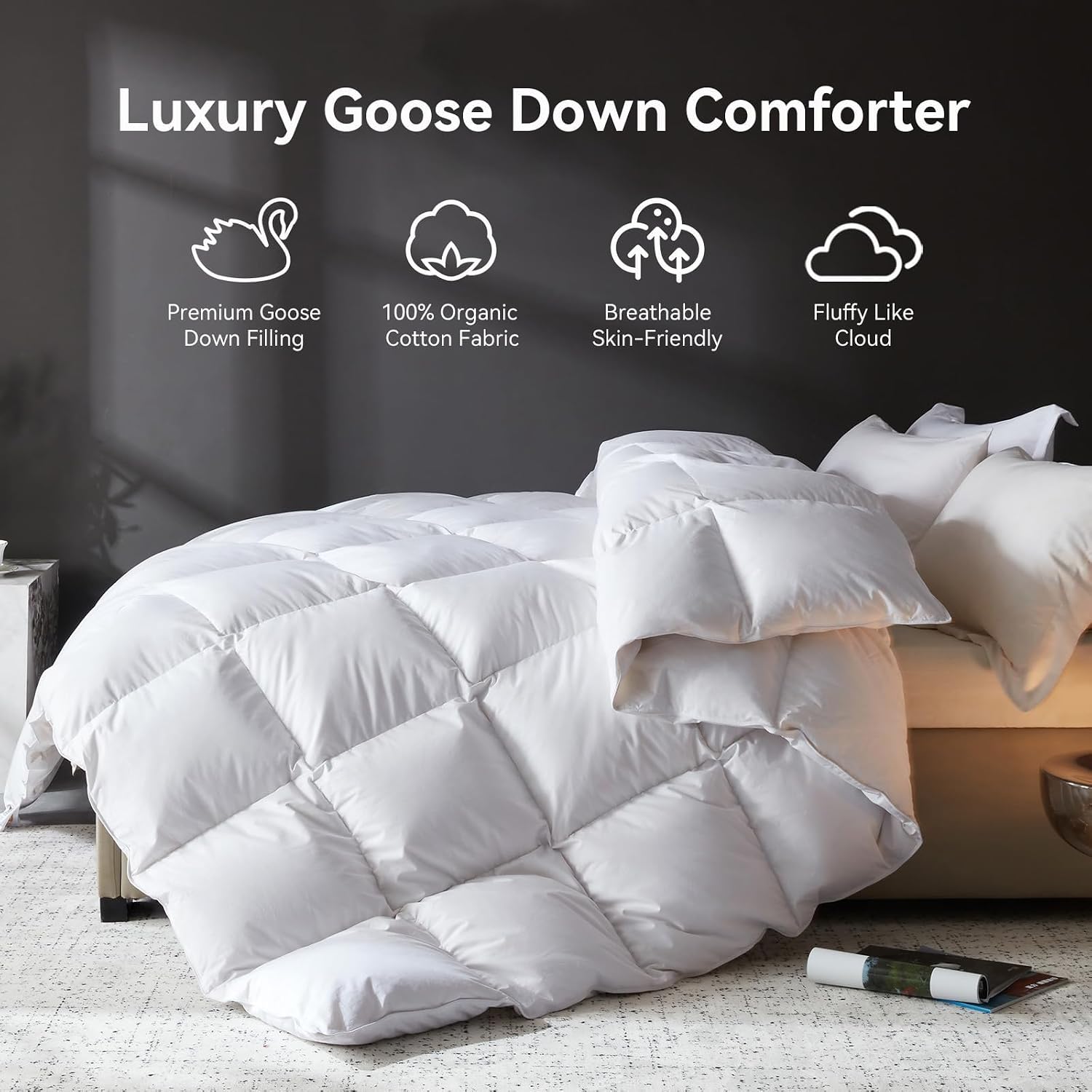 L LOVSOUL Goose Feather Down Fiber Comforter Oversize King Size, 100% Organic Cotton Fabric Duvet Insert,1200TC,750+Fill Power, Hotel Collection, All Season White Bedding Comforters with 8 Tabs