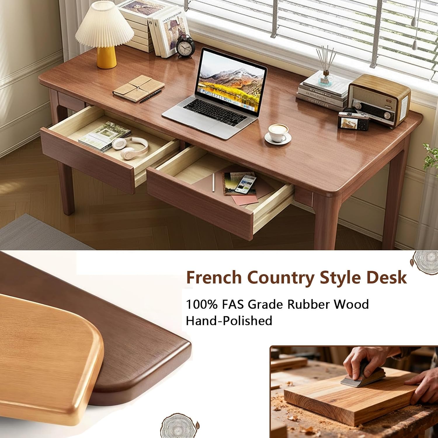 Mid Century Modern Desk with Drawers,39.4 inch Solid Wood Writing Desk for Home Office Bedroom,Small Computer Desk for Spaces Easy Assembly Walnut
