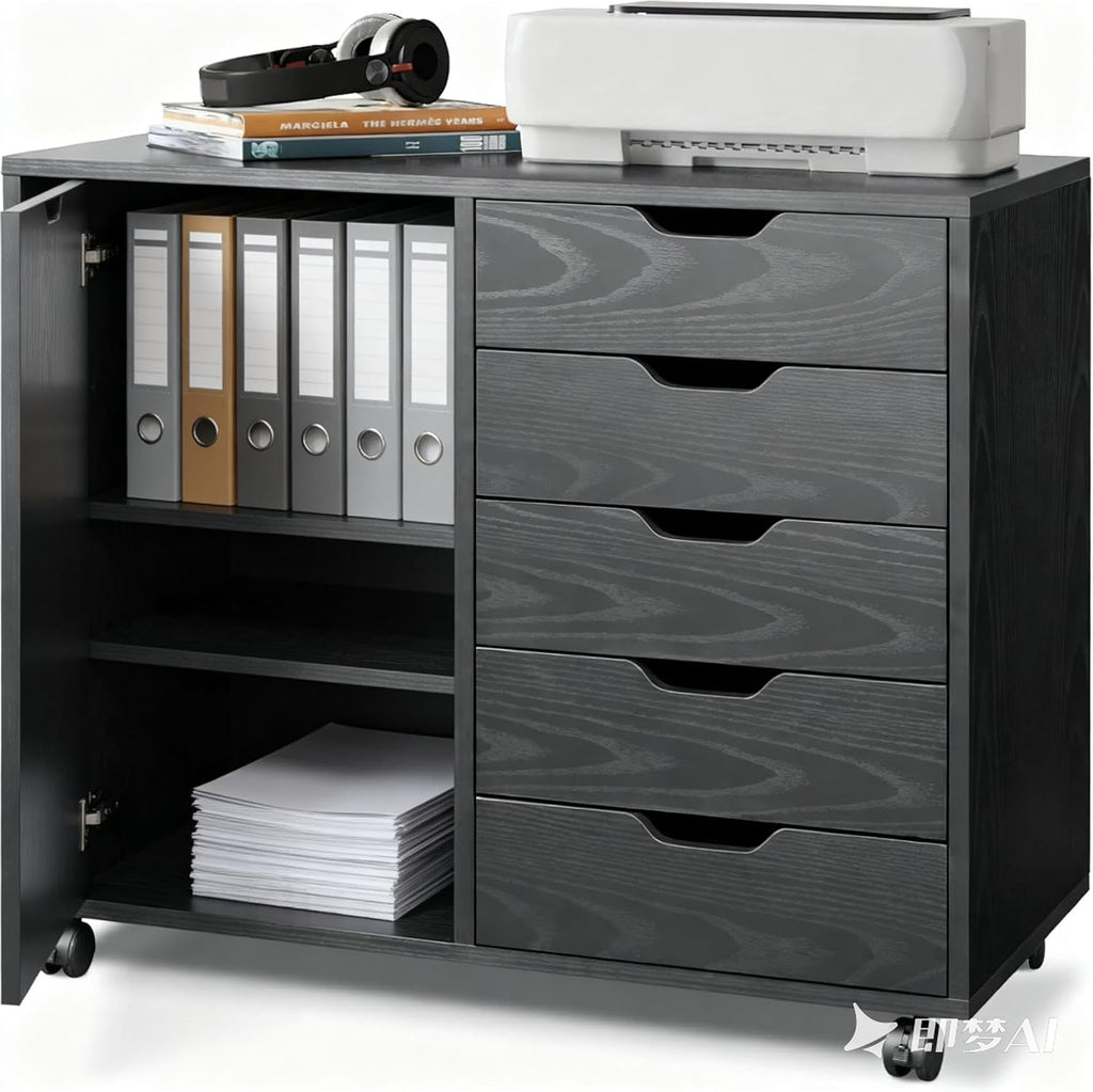 5-Drawer Wood Drawer Cabinet, Office Storage Cabinet with Adjustable Shelf & Wheels, Printer Stand for Home Office, Black, 15.7' D x 30.7' W x 25.4' H