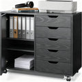 5-Drawer Wood Drawer Cabinet, Office Storage Cabinet with Adjustable Shelf & Wheels, Printer Stand for Home Office, Black, 15.7' D x 30.7' W x 25.4' H