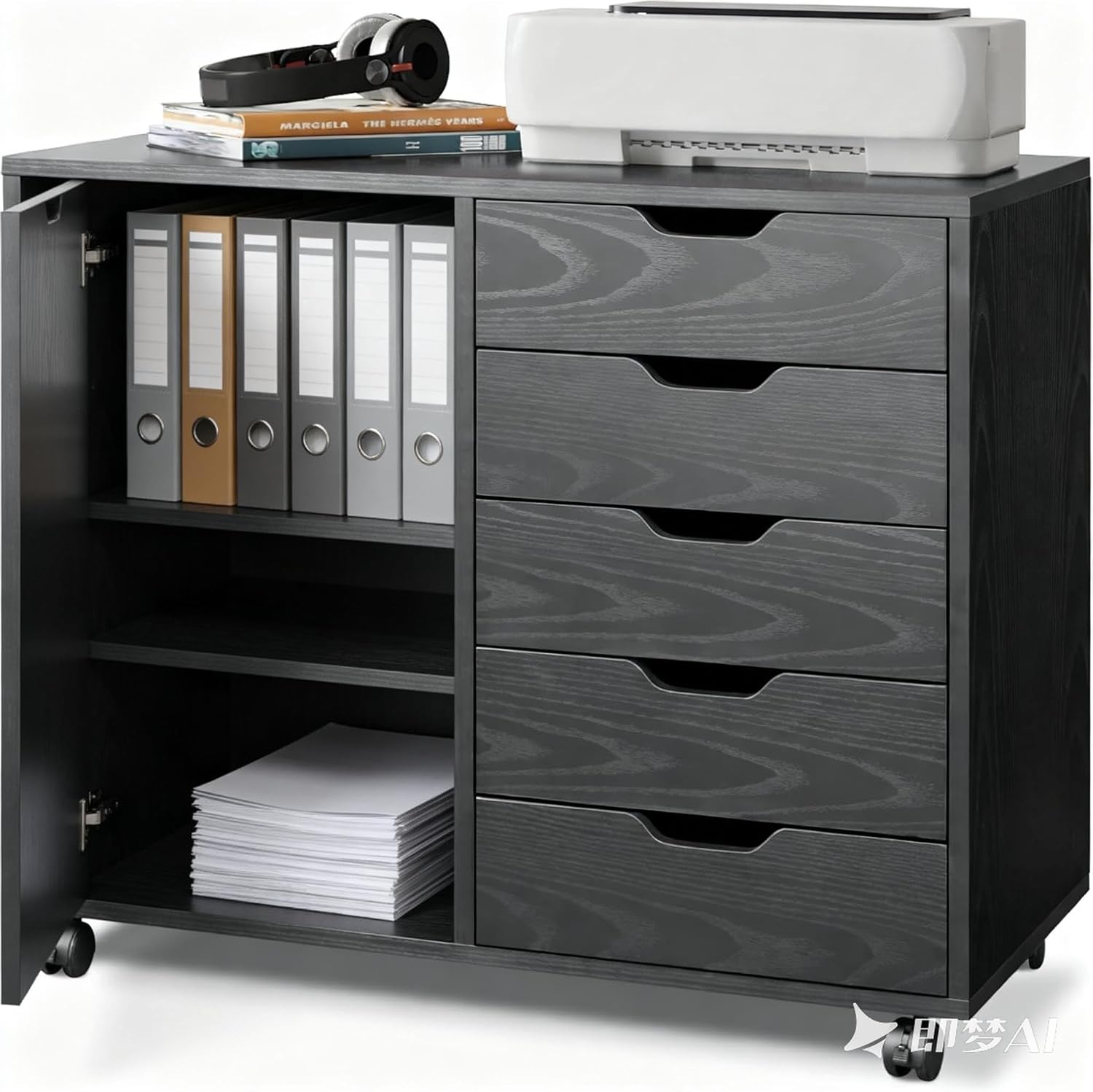 5-Drawer Wood Drawer Cabinet, Office Storage Cabinet with Adjustable Shelf & Wheels, Printer Stand for Home Office, Black, 15.7' D x 30.7' W x 25.4' H