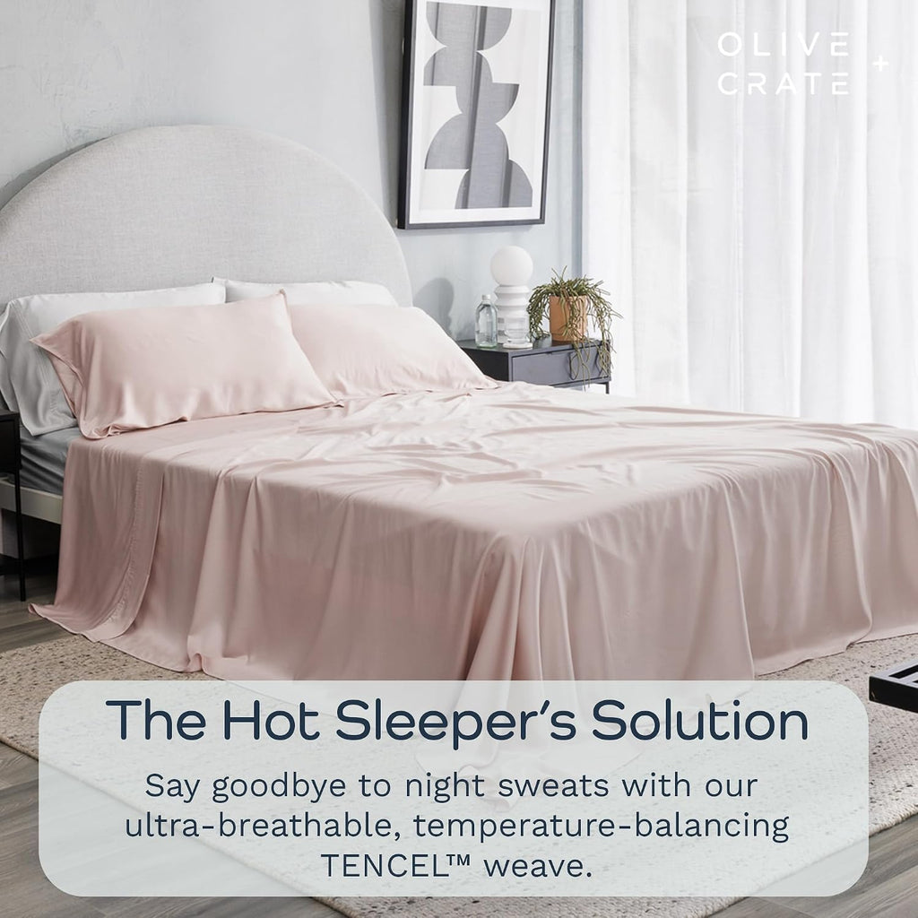 Olive + Crate Tencel Lyocell Eucalyptus Queen Size Sheet Set - Cooling Tencel Sheets for Hot Sleepers with 18 Inch Deep Pocket Fit - Barely Pink 4-Piece Set
