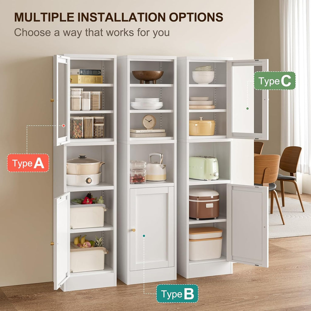 Bevivog Tall Bathroom Storage Cabinets,Slim Metal Cabinet with Open Shelf, Glass Display Door Freestanding Narrow Storage Organizers for Small Spaces,White Skinny Cabinets for Pantry,Living Room