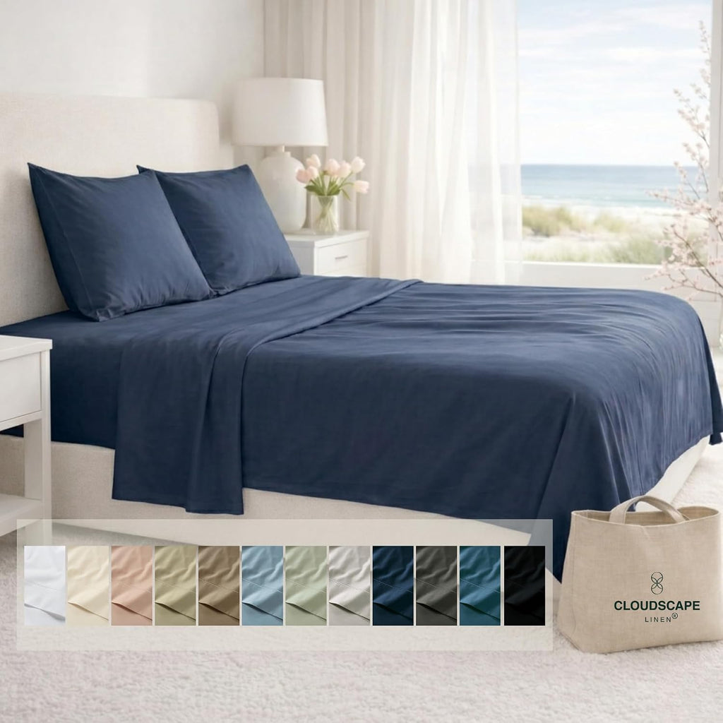 CLOUDSCAPE 100% Egyptian Cotton Sheets Queen Size, 4 Pcs Breathable & Silky Sateen Weave Queen Sheet Set, Ultra-Soft & Cooling Hotel Luxury Sheets, Deep Pocket Fitted up to 15', Dark Denim