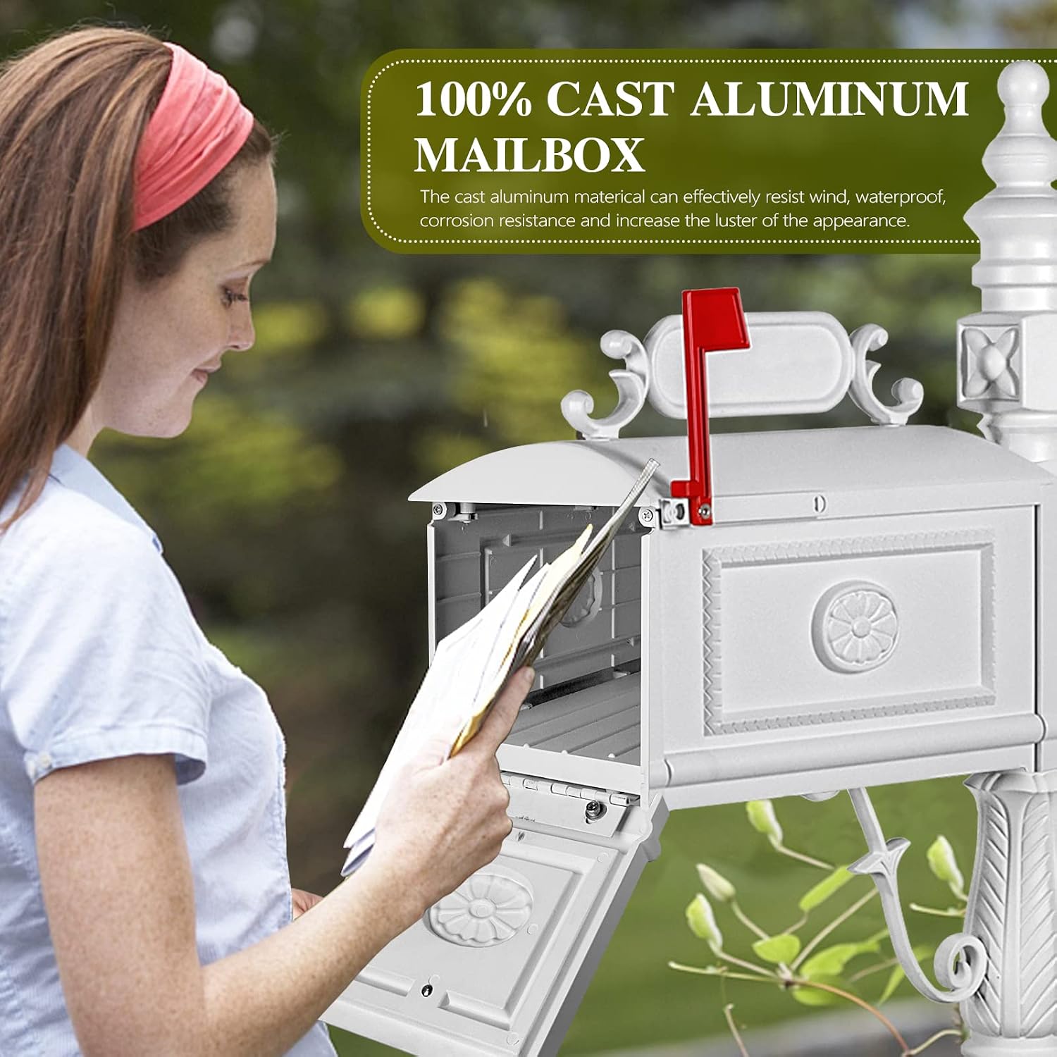 Polar Aurora Barcelona Decorative Post Mailbox Combination Stratford Heavy Duty Postal Mail Box Cast Aluminum(White)