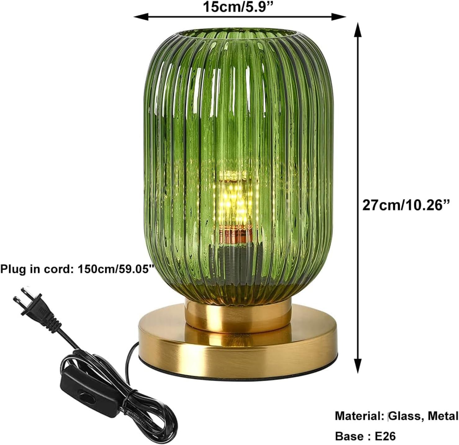 Glass Table Lamp of 2 Mid Century Table Lamps Modern Globe Table lamp Vintage Gold Desk Lamp Nightstand Lamp with Green Ribbed Design Shade for Bedside Bedroom Living Room Offic