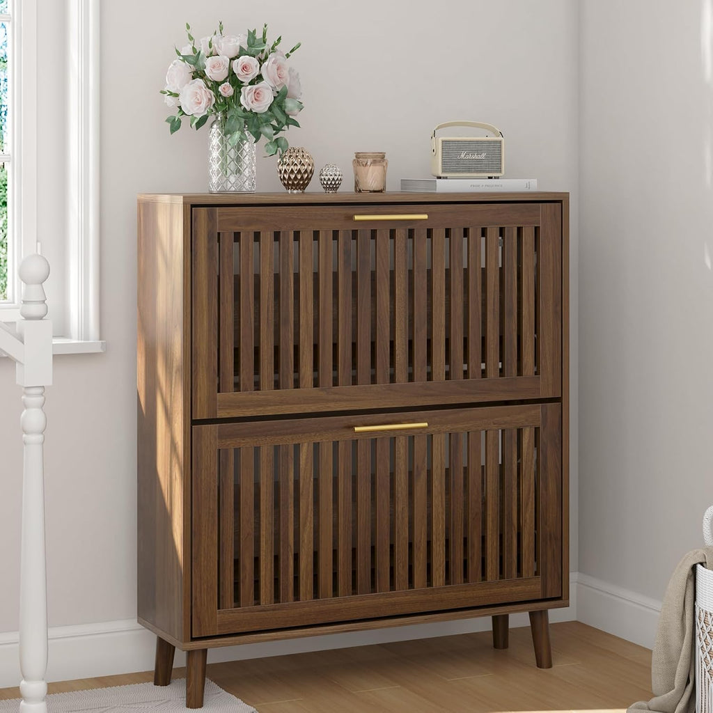 Smart FENDEE 31.5' W Shoe Cabinet Storage for Entryway with 2 Flip Drawers, Shoe Cabinet with Slatted Panel, Hidden Shoe Rack Freestanding Slim Shoes Organizer for Hallway, Entrance, Walnut