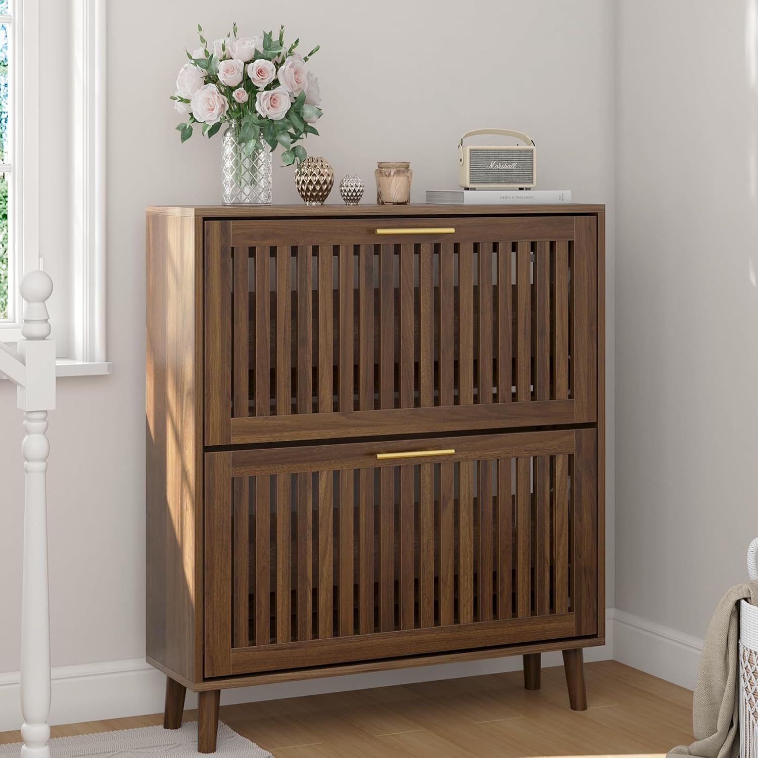 Smart FENDEE 31.5' W Shoe Cabinet Storage for Entryway with 2 Flip Drawers, Shoe Cabinet with Slatted Panel, Hidden Shoe Rack Freestanding Slim Shoes Organizer for Hallway, Entrance, Walnut