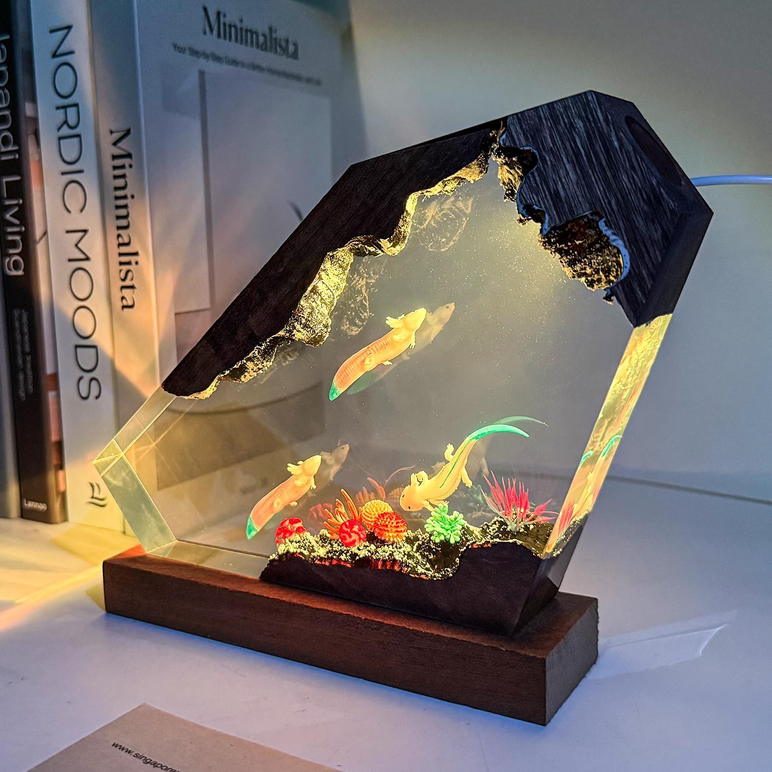 Axolotl Resin Lamp,Handcrafted 3D RGB Axolotl Night Light with Wooden Base for Home Office Decor,Unique Axolotl Gifts, Birthday Valentine's Day Gifts for Women & Men (M 8'X5')