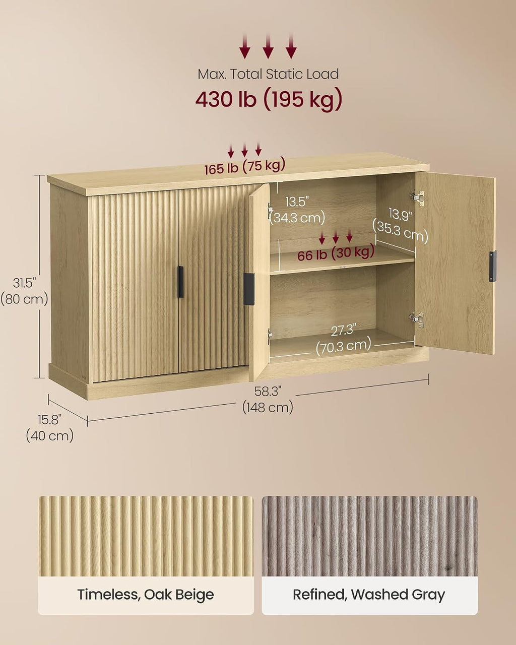 VASAGLE MAXE Collection - Buffet Cabinet, Fluted Console Cabinet, Sideboard with Adjustable Shelves, Mid Century Modern Buffet Table, 15.8 x 58.3 x 31.5 Inches, Oak Beige UBBK382Y01S