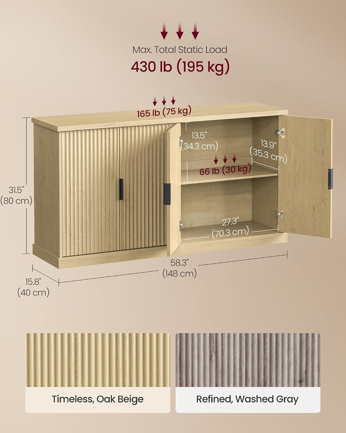 VASAGLE MAXE Collection - Buffet Cabinet, Fluted Console Cabinet, Sideboard with Adjustable Shelves, Mid Century Modern Buffet Table, 15.8 x 58.3 x 31.5 Inches, Oak Beige UBBK382Y01S