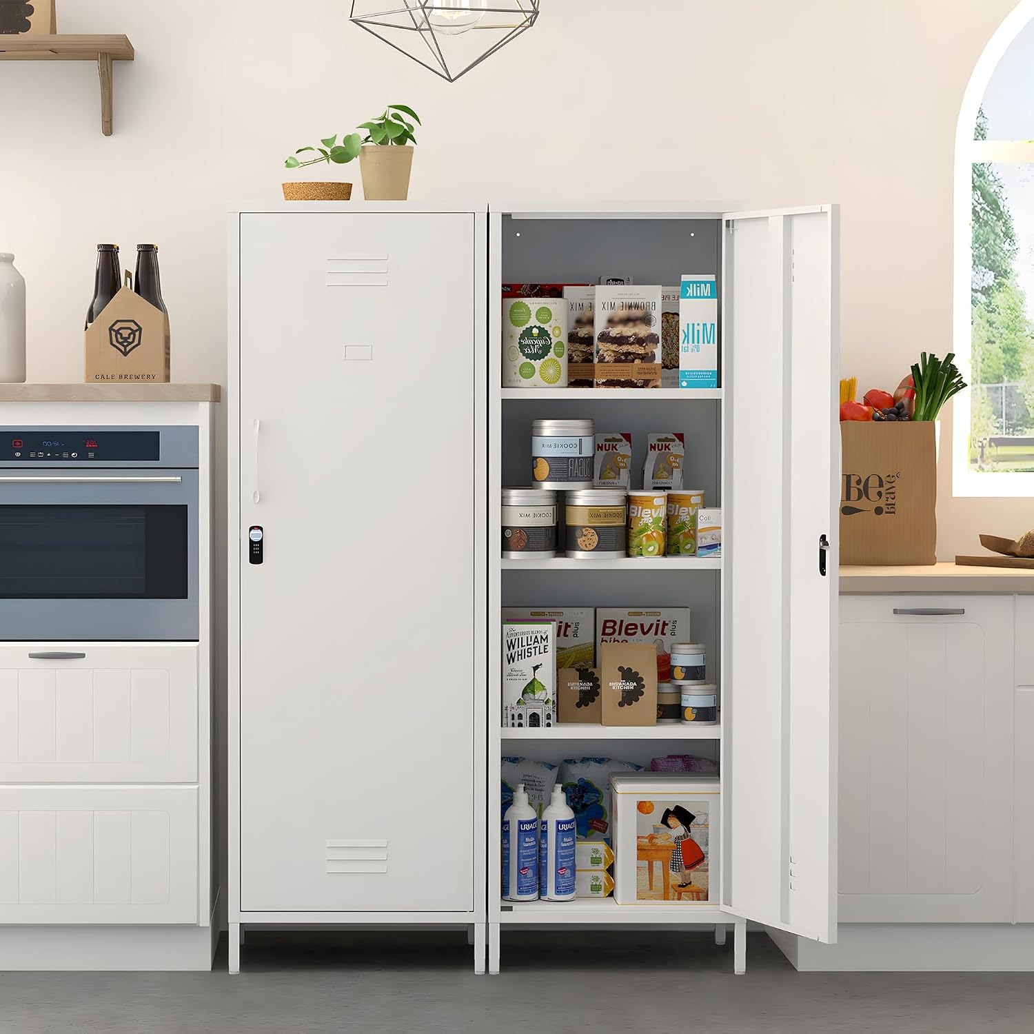 Narrow Pantry Cabinet Metal Skinny Cabinet Lockable Storage Cabinet with Door and Removable Shelves for Kitchen Pantry (White)