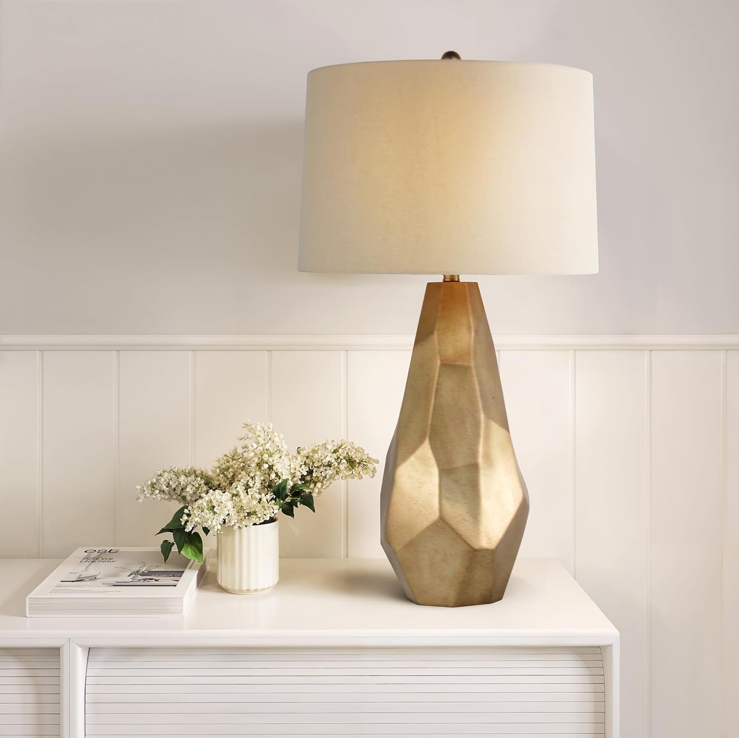 Abani Table Lamp Lia Faceted 31.5' – Modern Glam Gold Resin Base with Wheat Linen Shade – E26 Bulb Included – Elegant Desk Lamp for Bedroom, Living Room Lamp, Dorm or Nightstand