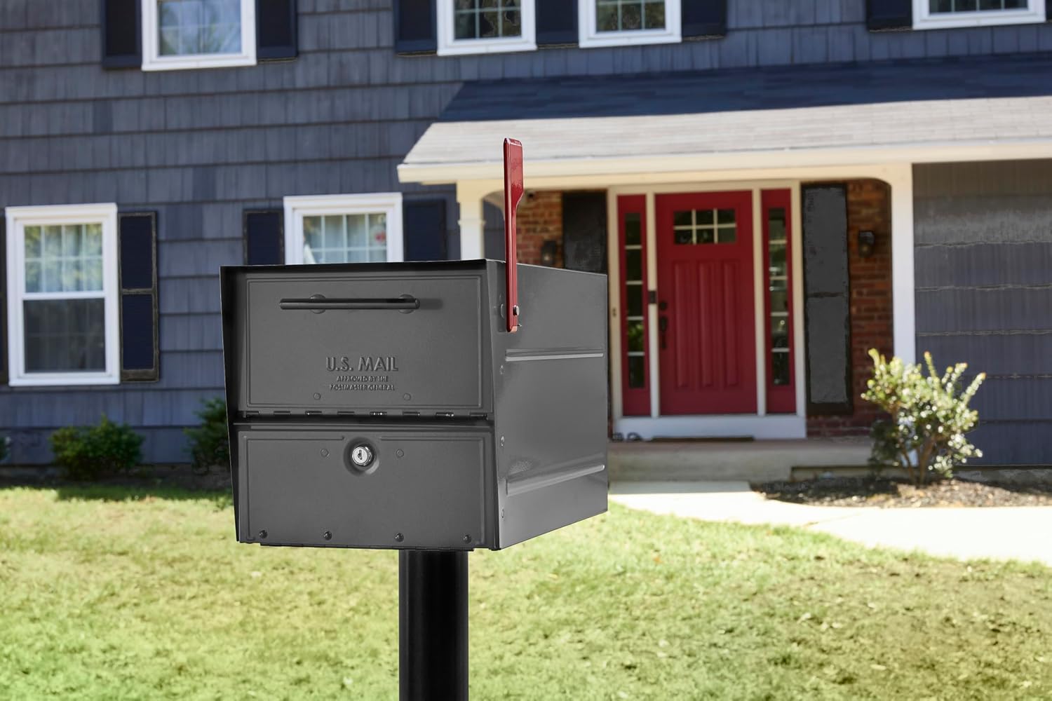 Architectural Mailboxes Oasis® Eclipse™ Secure, Locking USPS Approved Heavy Duty, Anti-Fish Steel Metal Post Mounted Mail Box for Outside, Pewter, Large Curbside Mailbox with Magnetic Latch