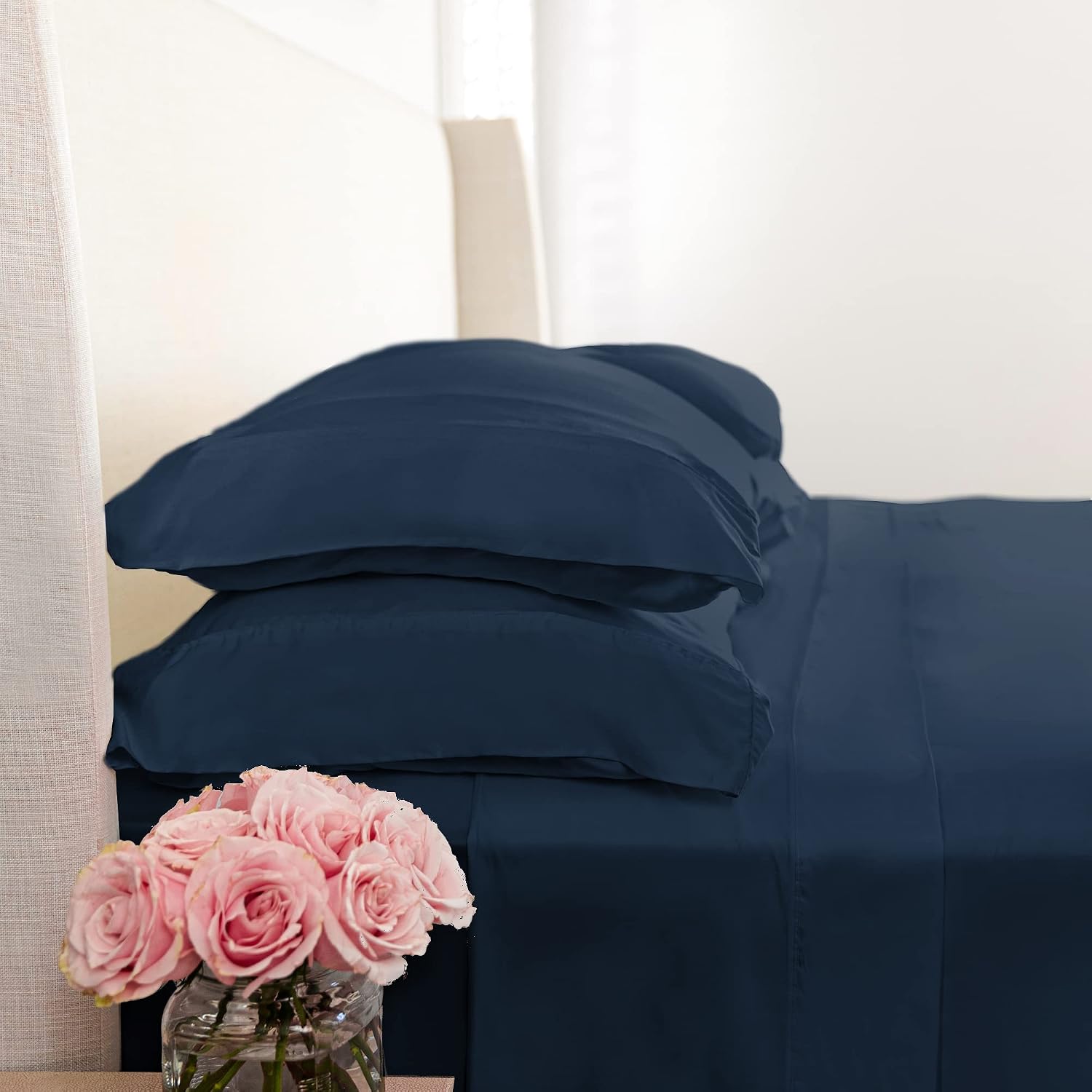 KICKEE Sheet Set, 100% Viscose from Bamboo, Sateen Weave, Silky Soft Bedding for Heavenly Comfort, Best 300 Thread Count (Blue Suede, Queen)