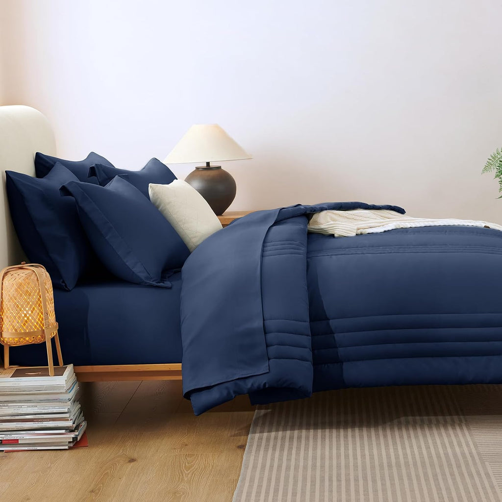 CozyLux Super King Plus Comforter Set Navy Blue - 7 Pieces Bed in a Bag, Modern Vertical Quilted Room Decor, Soft All-Season Bedding Gift with Comforter, Sheets, Pillowcases & Shams