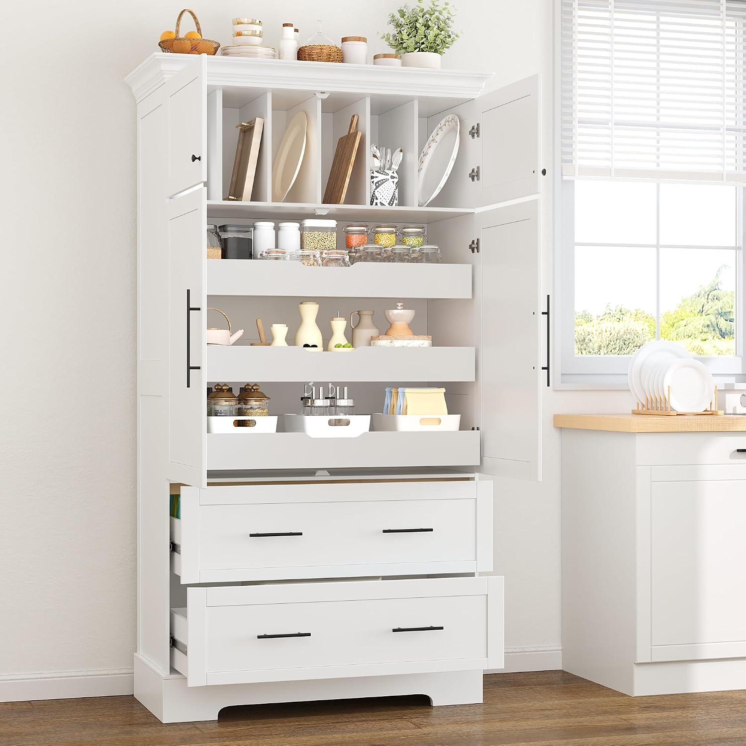 Freestanding Kitchen Pantry Storage Cabinet, 72.6''H Tall Wooden Kitchen Organizers with 2 Doors, Pull-Out Trays, 2 Drawers and Cake Pan Storage for Dining Room Living Room (White-1.12)