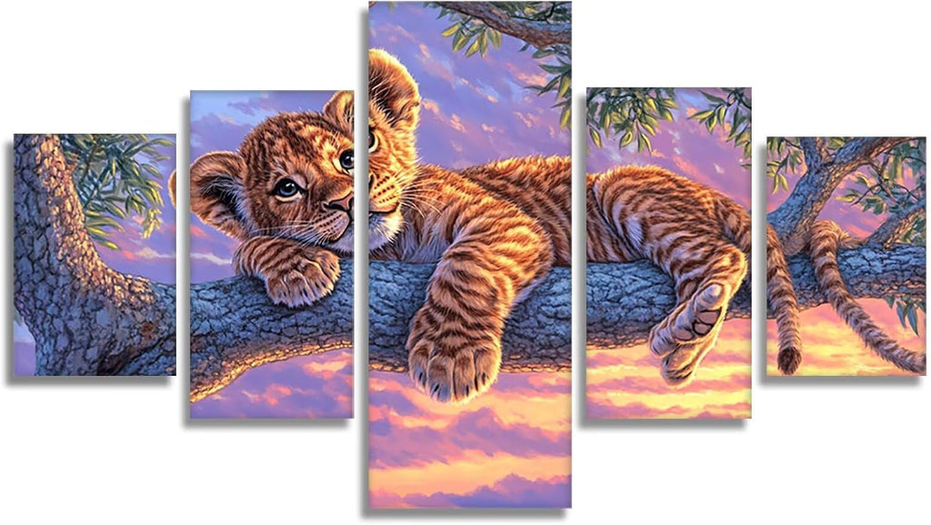 Leopard Diamond Art 5 Piece Diamond Painting Animal 5D DIY Full Round Drill Dimond Art Paintings Rhinestones Crafts for Adults Gem Painting for Home Decor, Large Artwork for Wall 36 x 70 Inch,Model327