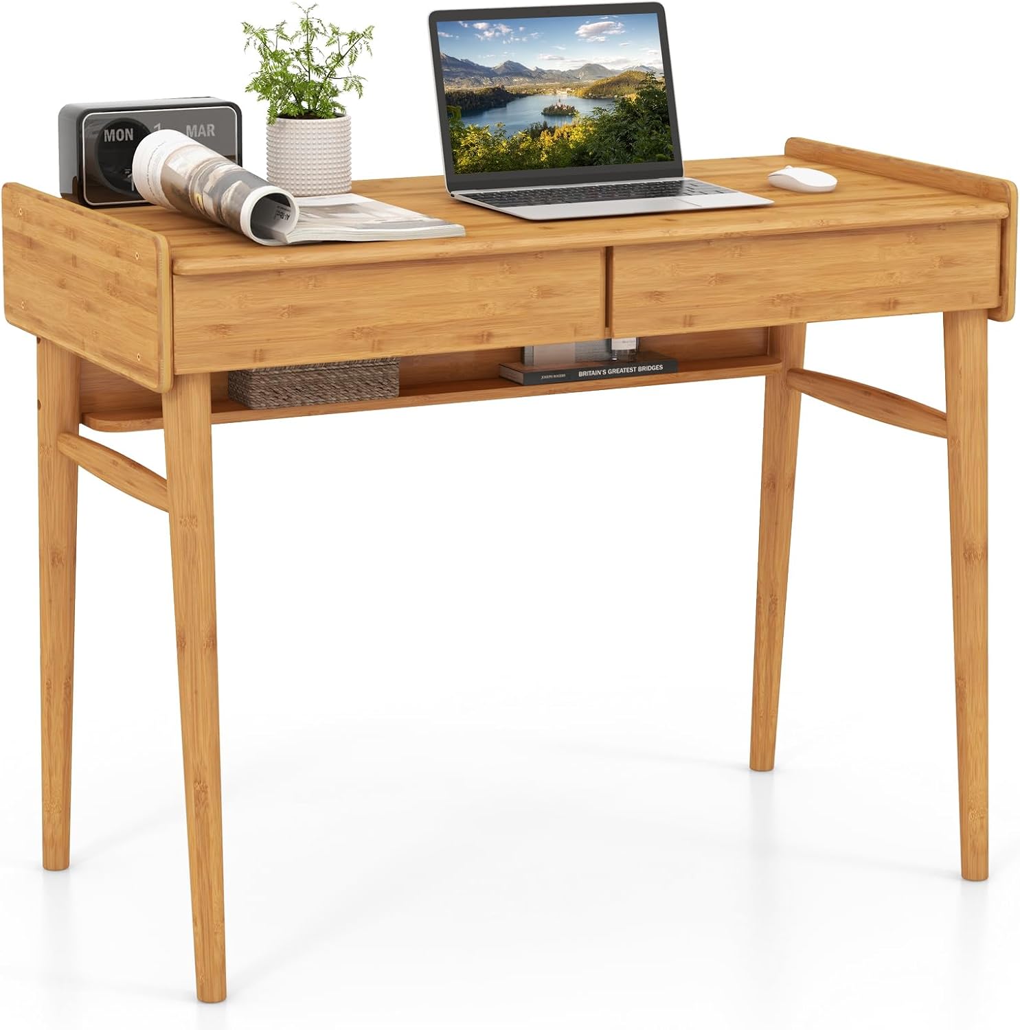 POWERSTONE 39.5' Writing Computer Desk, Modern Bamboo Home Office Desk with 2 Storage Drawers and One Shelf, Study Writing Table Workstation