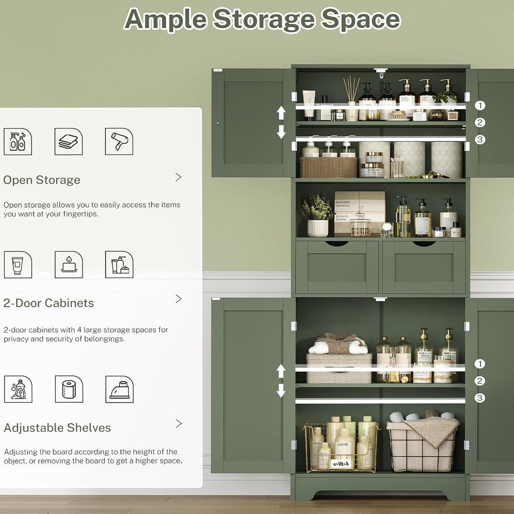 Iwell 58' H Tall Bathroom Storage Cabinet with 2 Drawers & 2 Adjustable Shelves, Bathroom Cabinet with 4 Doors, Tall Cabinet for Living Room, Dining Room, Entryway, Forest Green